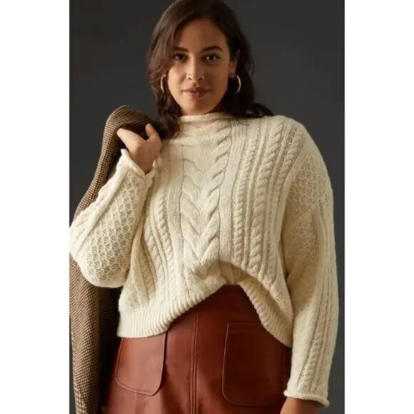 Anthropologie Pilcro Rolled Mock Neck Cable Knit Sweater Pullover, Ivory White S - Picture 5 of 16